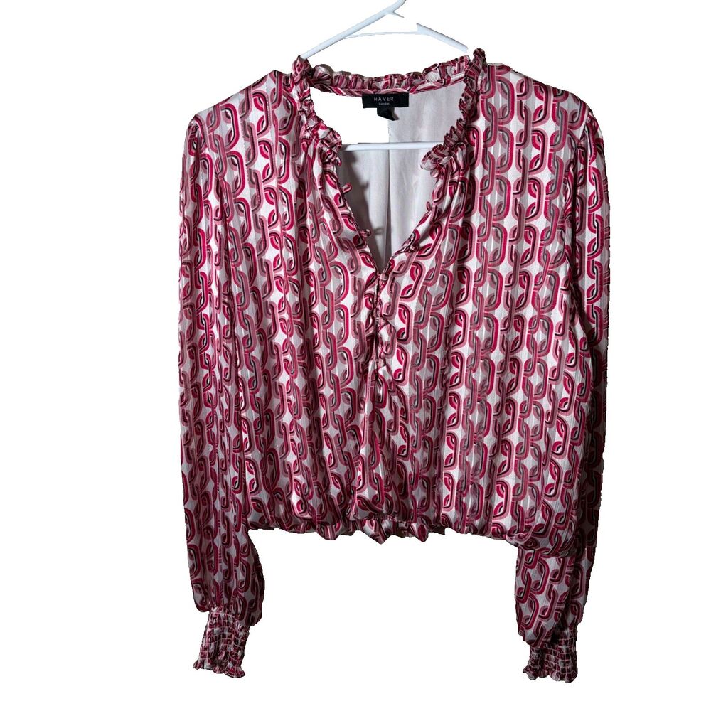 Haver London Blouse Women's XL V-Neck Metallic Cropped Long Sleeve Ruffle Top